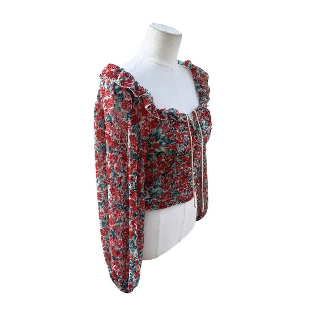 Free People XS Floral Ruched Crop Top Sheer Puff Sleeve Open Back Boho Blouse
